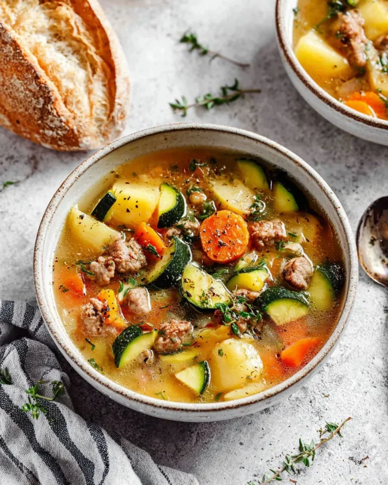 A bowl of delicious ground turkey soup garnished with fresh herbs