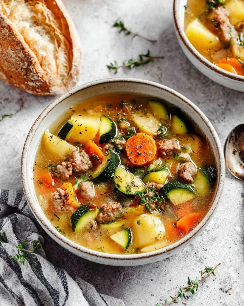 A bowl of delicious ground turkey soup garnished with fresh herbs