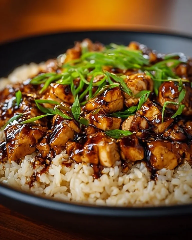 Delicious Honey BBQ Chicken served over fluffy rice with drizzled sauce
