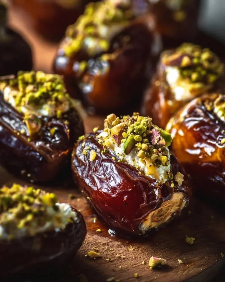 Honey pistachio ricotta stuffed dates on a serving platter