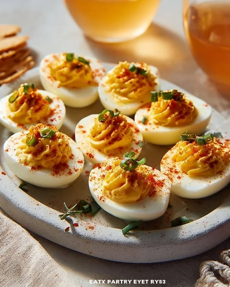 Plate of hot honey deviled eggs garnished with herbs