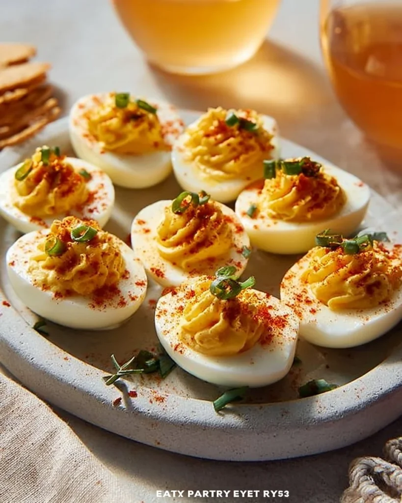 Plate of hot honey deviled eggs garnished with herbs