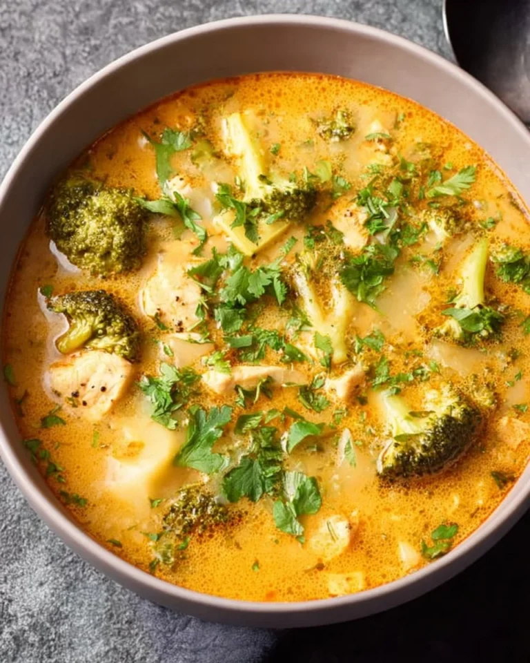 Bowl of delicious Keto Broccoli Cheese Soup garnished with fresh herbs.