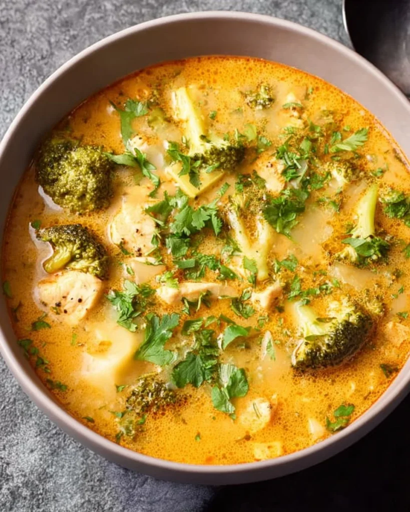 Bowl of delicious Keto Broccoli Cheese Soup garnished with fresh herbs.