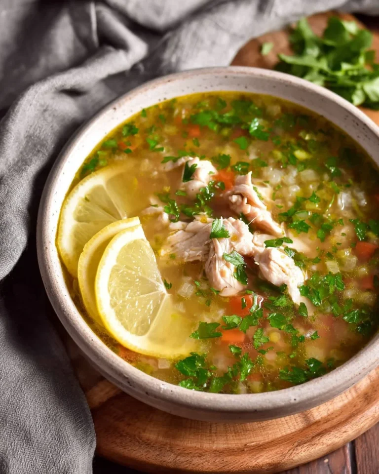 Bowl of Keto Chicken Soup with fresh herbs and vegetables