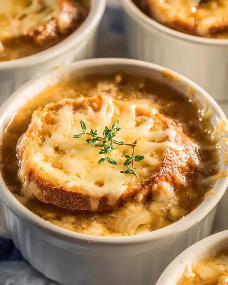 Delicious Keto French Onion Soup topped with cheese and fresh herbs