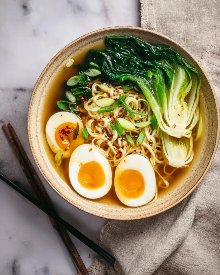Bowl of Keto Ramen with vegetables and broth