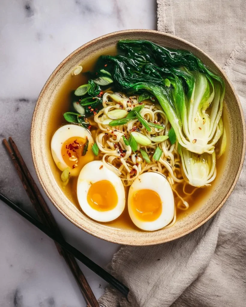 Bowl of Keto Ramen with vegetables and broth