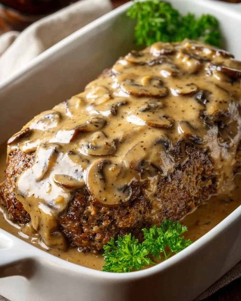 Meatloaf with mushroom gravy served on a plate