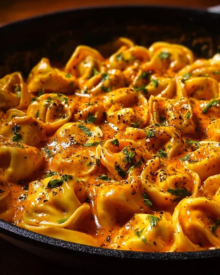 One-Pot Spicy Garlic Butter Chicken Tortellini dish garnished with herbs