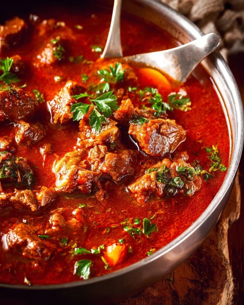 Bowl of delicious oxtail soup garnished with herbs