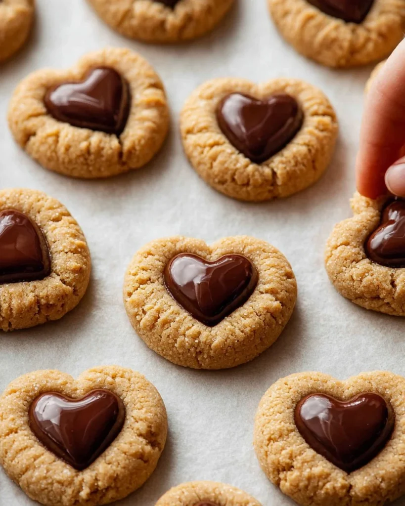 Freshly baked Peanut Butter Valentine's Day Cookies on a decorative plate
