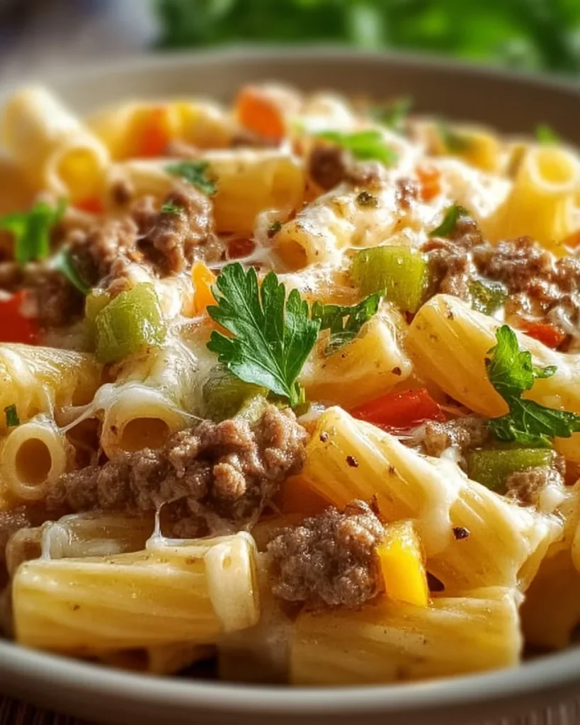 Creamy Philly Cheese Steak Pasta topped with bell peppers and steak slices.