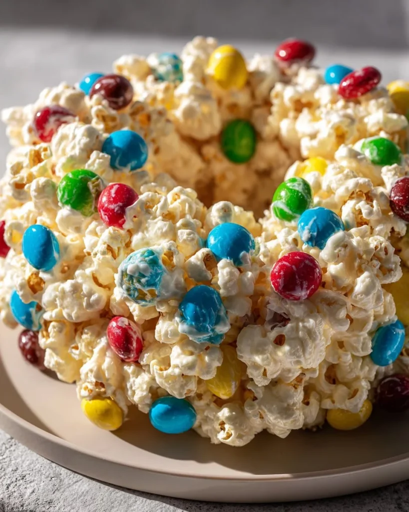 A colorful Popcorn Cake topped with candies and drizzled chocolate.