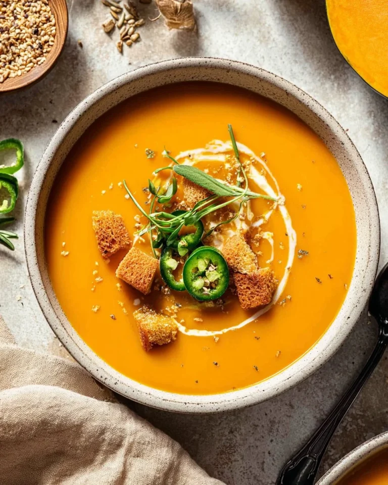 A bowl of creamy pumpkin curry soup garnished with herbs