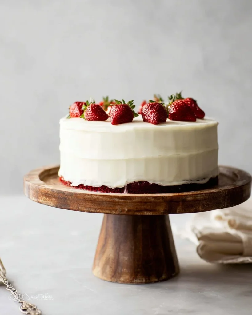 Slice of red velvet cake with cream cheese frosting on a wooden plate