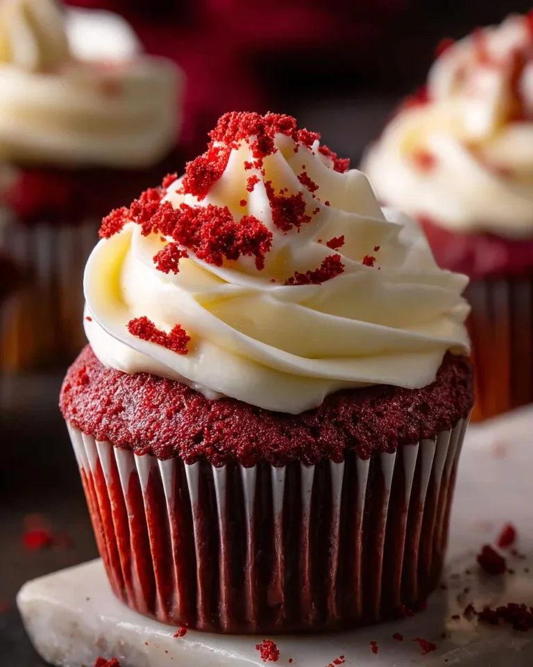 Red velvet cupcakes with cream cheese frosting and blackberry jam on a white plate