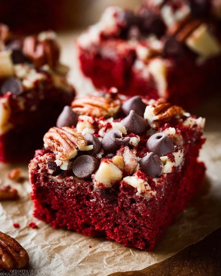 Delicious Red Velvet Layer Bars served on a rustic platter