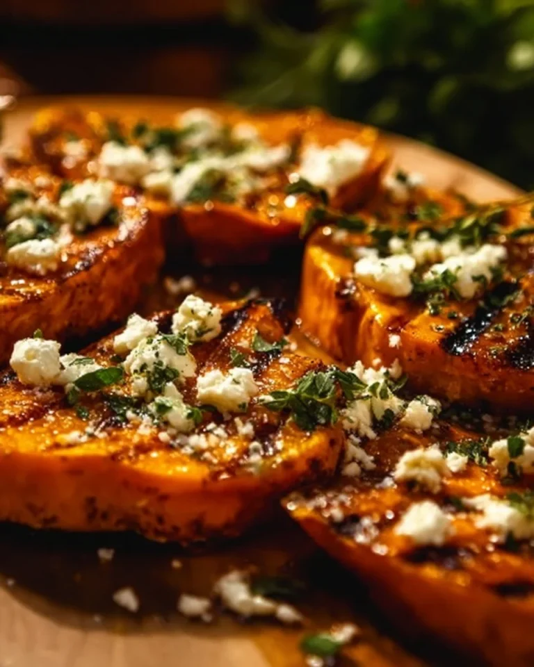 Roasted sweet potato rounds drizzled with honey and topped with feta cheese