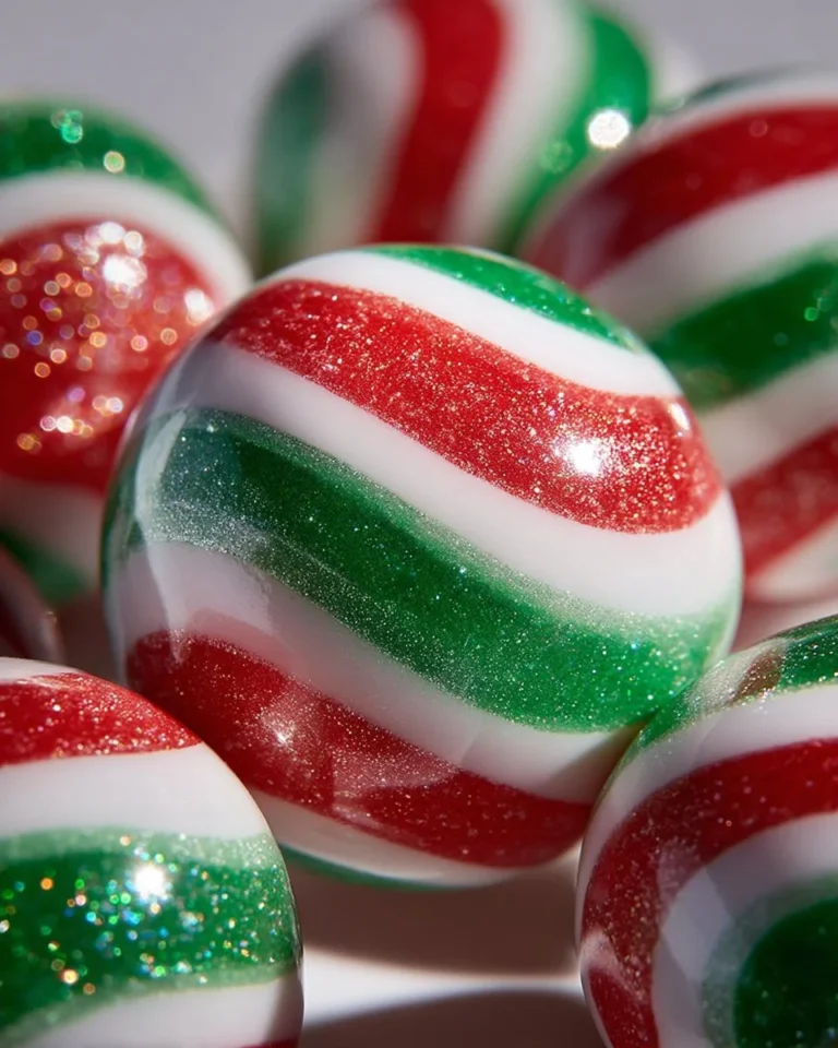 A close-up of soft peppermint balls on a festive plate.