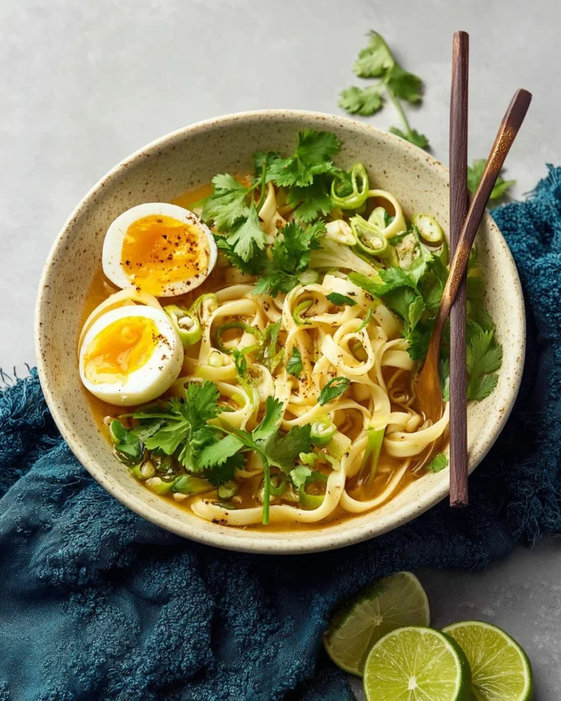 Bowl of spicy ramen noodles topped with vegetables and chili oil