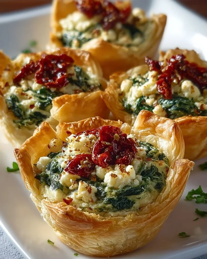 Baked Spinach Feta Phyllo Cups served on a platter, garnished with herbs.