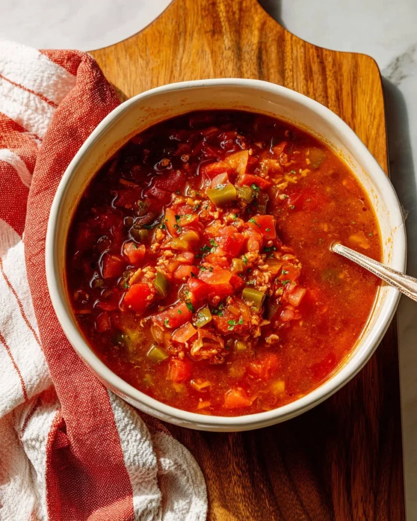 Bowl of delicious stuffed pepper soup with colorful bell peppers and spices