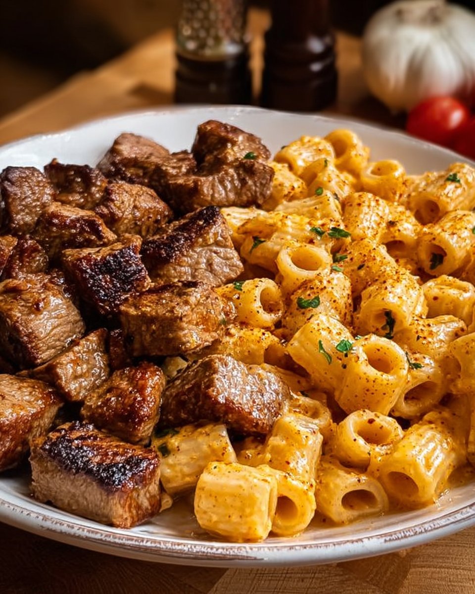 Cajun Steak Tips with Cheesy Rigatoni