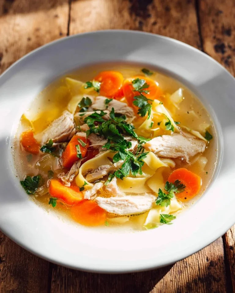 Bowl of homemade turkey noodle soup with vegetables and herbs