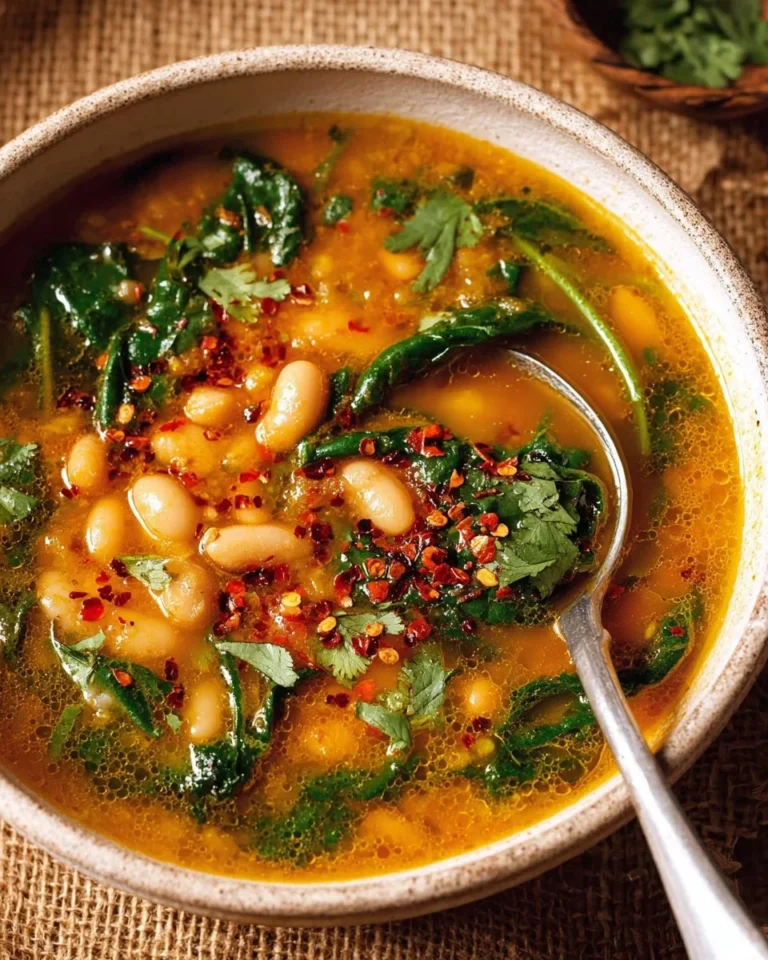 A bowl of Tuscan white bean soup garnished with herbs and served with bread
