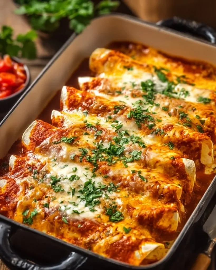 Quick and easy chicken enchiladas topped with cheese and served on a plate.