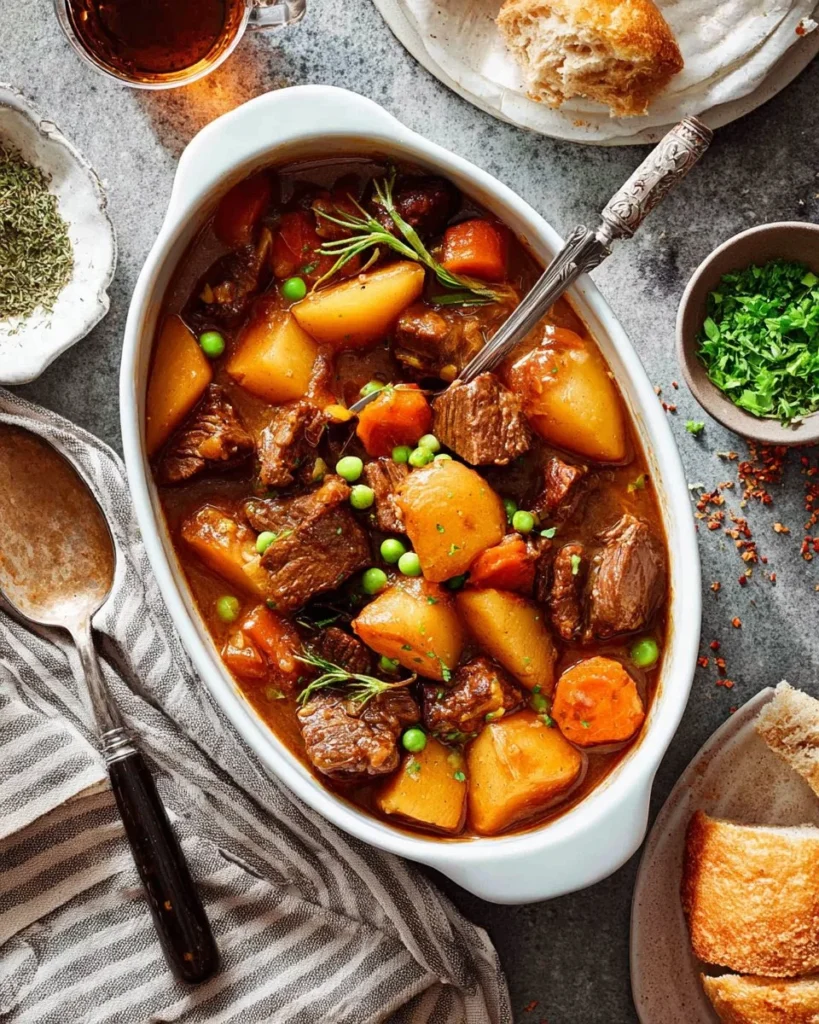 A bowl of hearty venison stew with vegetables, garnished and ready to serve.