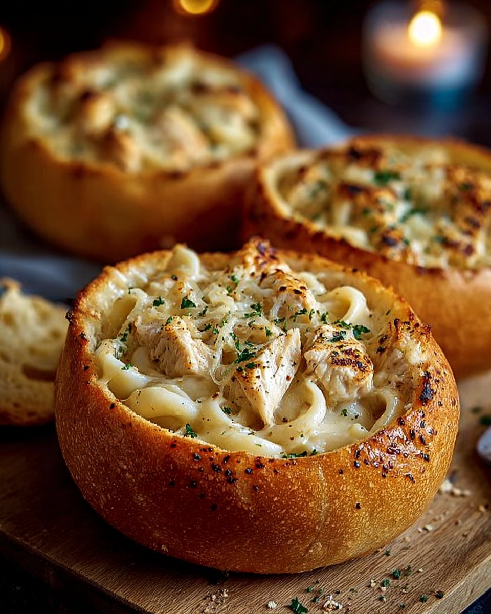 Chicken Alfredo Garlic Bread Bowls