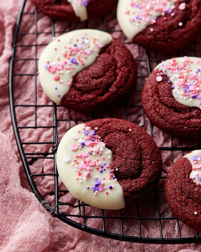 Delicious white chocolate dipped red velvet cookies on a plate