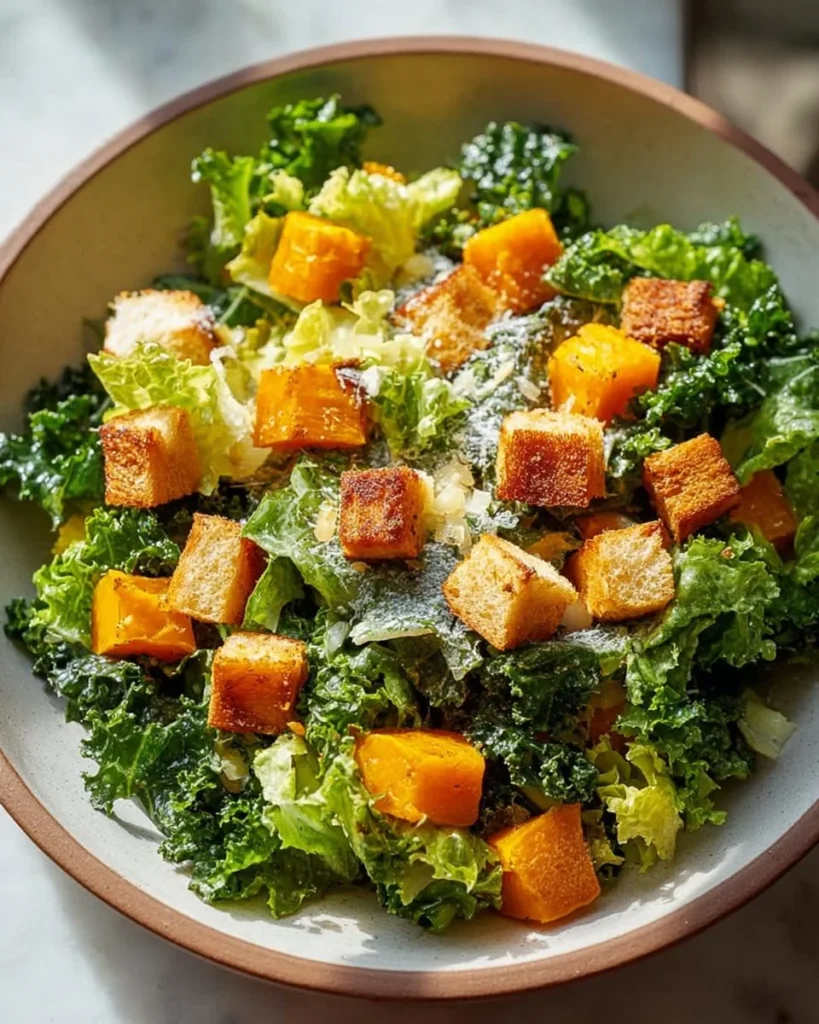 Winter Kale Caesar Salad topped with crunchy croutons and creamy dressing