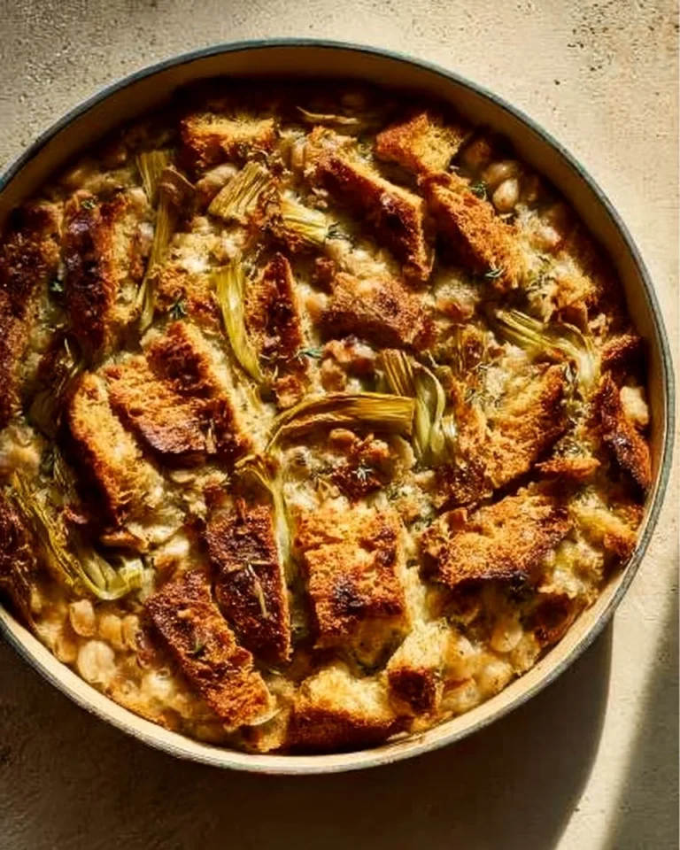 Delicious baked ribollita served in a bowl with fresh herbs and crusty bread