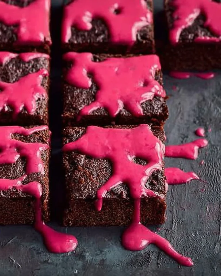 Deliciously moist beetroot brownies topped with chocolate.