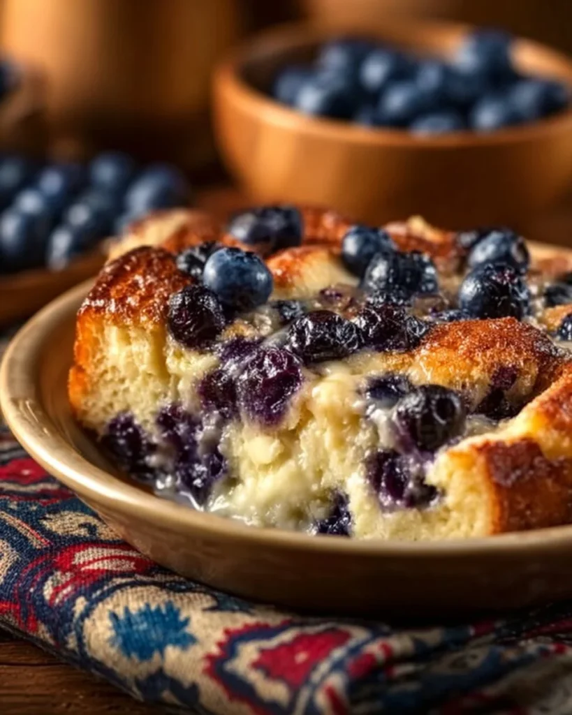 Blueberry Cottage Cheese Breakfast Bake topped with fresh blueberries and cheese