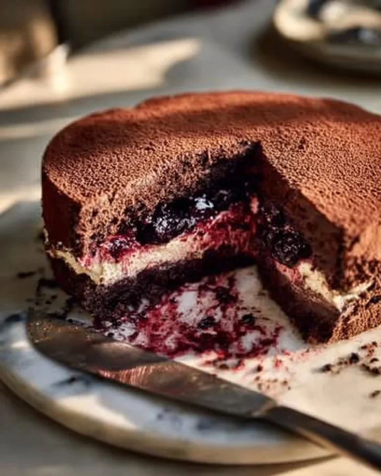 Decadent chocolate cherry brownie cake topped with fresh cherries.
