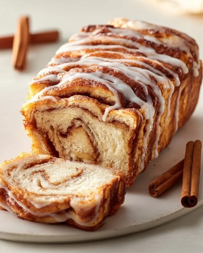 Cinnamon roll cottage cheese loaf slice on a plate with icing
