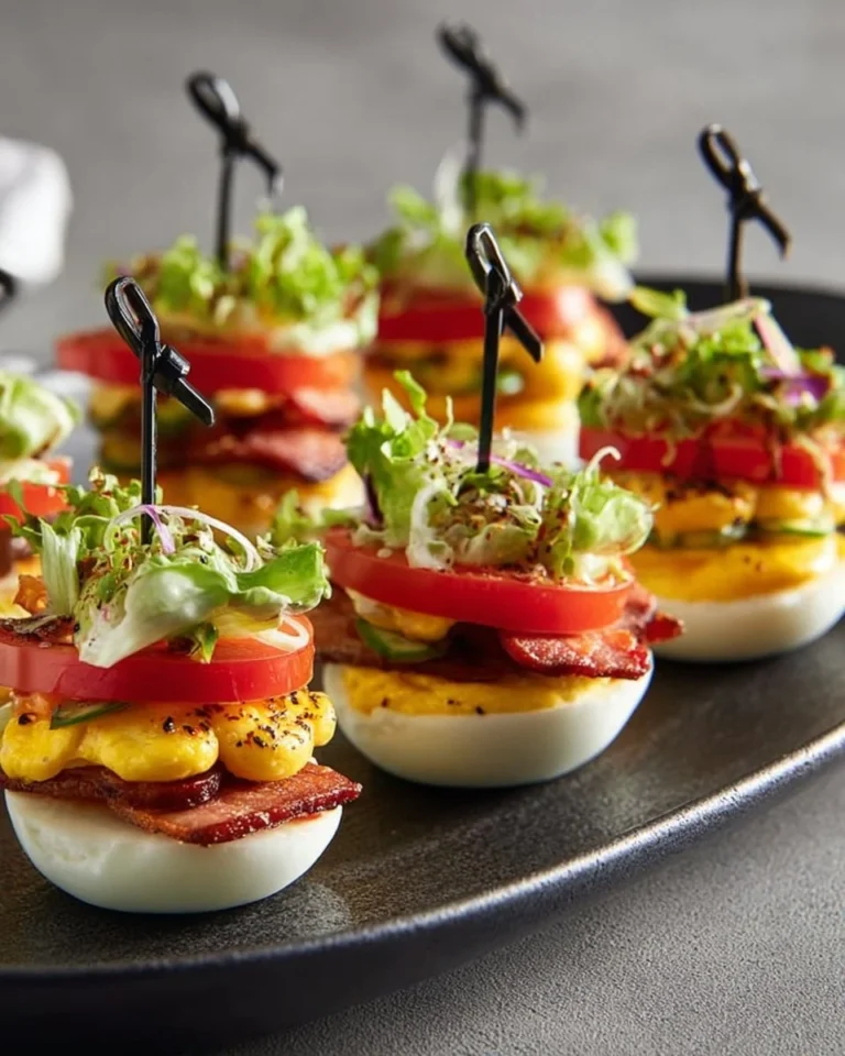 Devilled Eggs topped with crispy bacon, fresh lettuce, and ripe tomato slices.