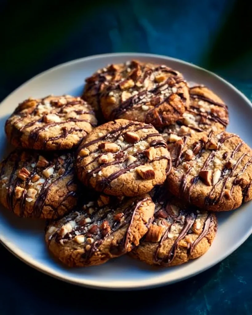 Baked double chocolate cookies on a cooling rack with chocolate chips
