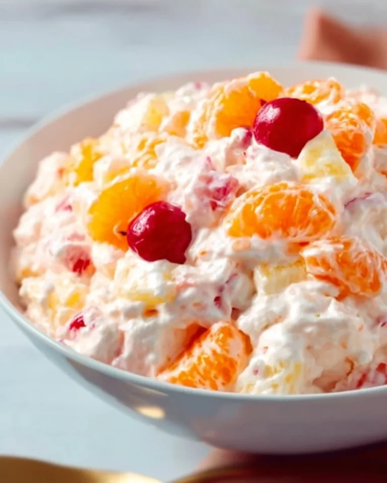 Easter Ambrosia Salad with fruits and marshmallows served in a bowl.