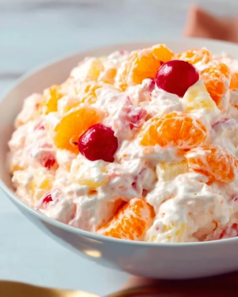 Easter Ambrosia Salad with fruits and marshmallows served in a bowl.