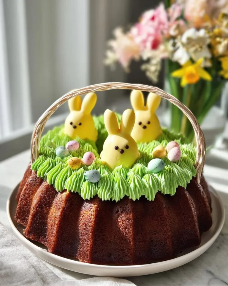 Easter Basket Bundt Cake decorated with colorful candies and icing.