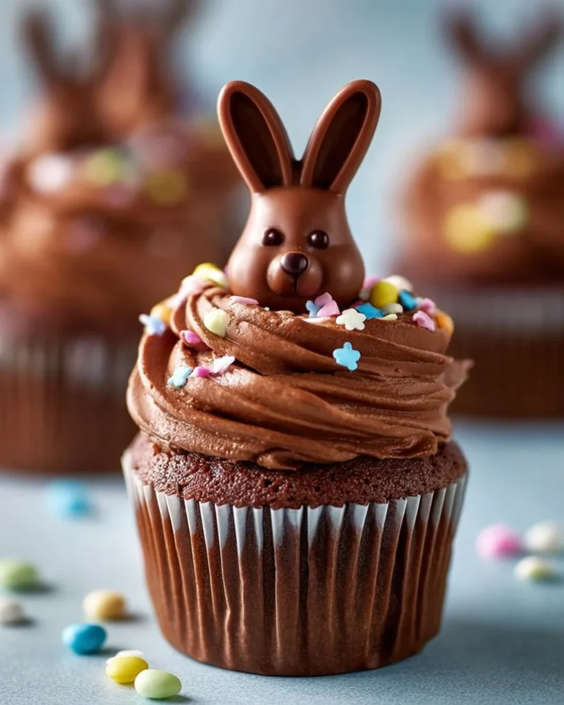 Easter cupcakes decorated with mini chocolate bunnies for a festive treat