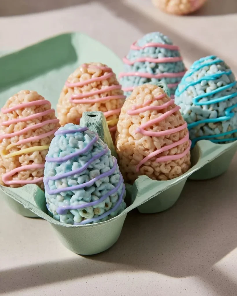 Colorful Easter Egg Rice Krispies Treats decorated for a festive celebration.