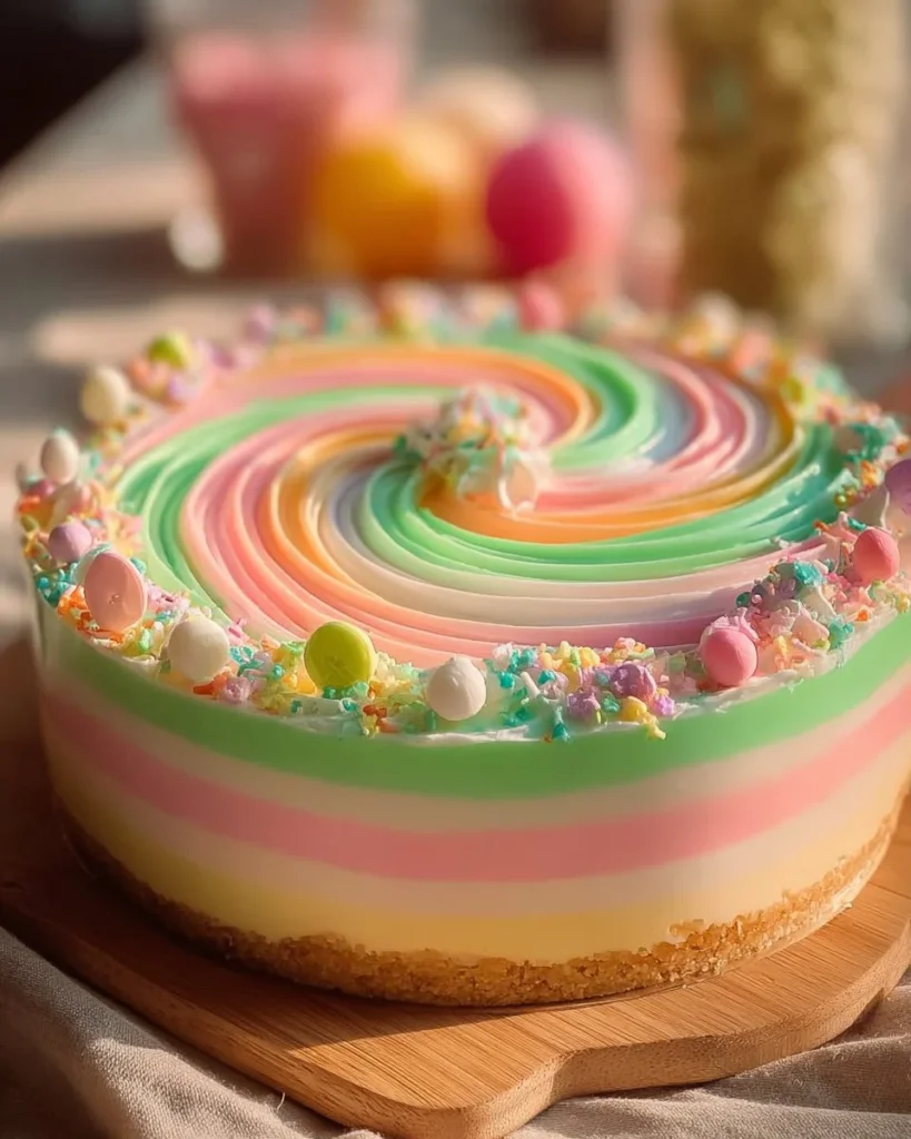 A vibrant Easter No Bake Jello Pie topped with cream and fresh fruits.