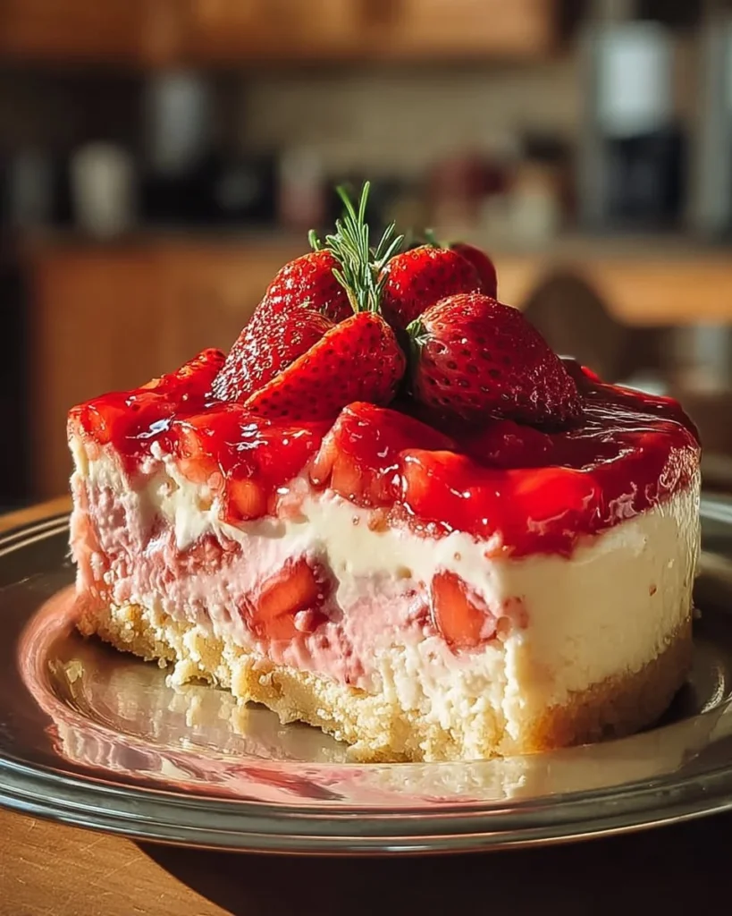 Easter Strawberry Cheesecake Dump Cake with strawberries and cream cheese topping
