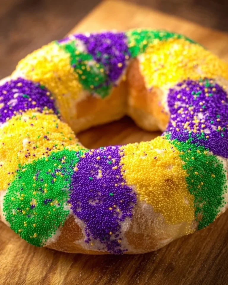 Delicious easy King Cake decorated with colorful icing and sprinkles for Mardi Gras